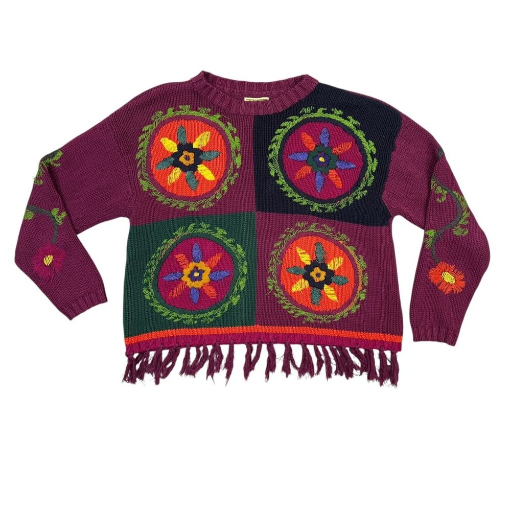 ESPRIT Sweater Womens Medium M Burgundy Red Floral Knit Color Block Tassel Fall